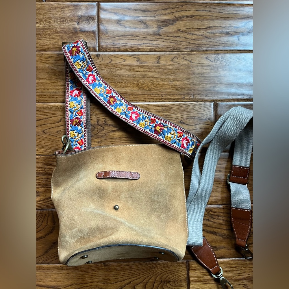 Garnet Hill Leather Suede Crossbody Bucket Bag with Extra Guitar Strap